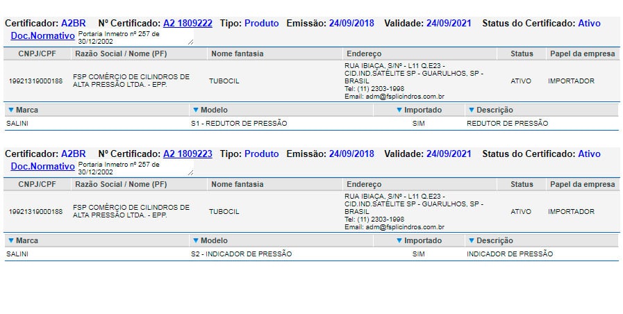 Certificação Inmetro FSP / SALINI